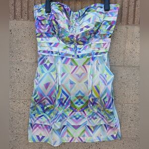 charlie jade Strapless Geometric Print Dress 100% Silk - Size L